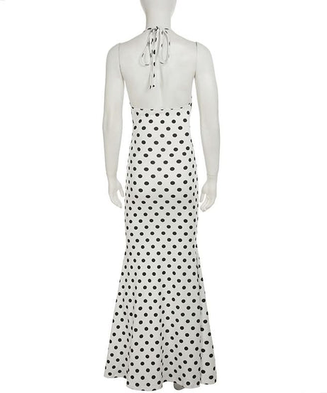Effortless Chic: Polka Dot Halter Maxi Dress with Ruffle Slit – Perfect for Fall Getaways & Special Occasions