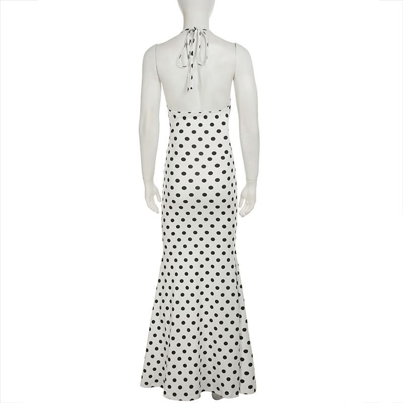 Effortless Chic: Polka Dot Halter Maxi Dress with Ruffle Slit – Perfect for Fall Getaways & Special Occasions