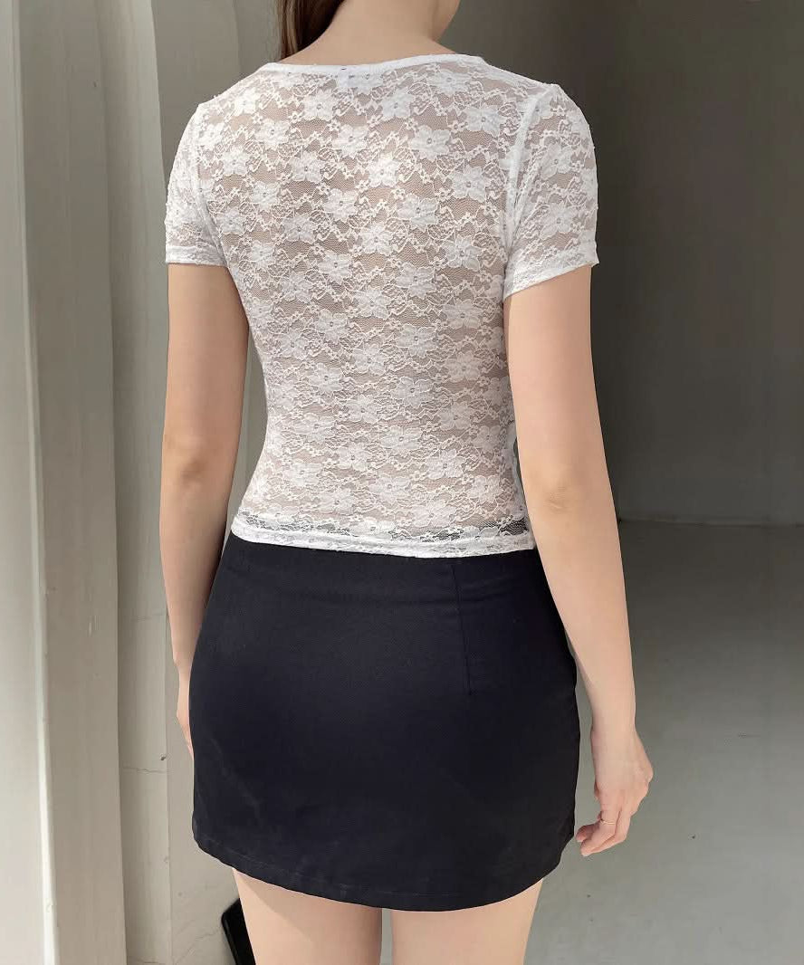 Delicate Lace Square Neck Top | Sheer Short Sleeve Blouse - Fall Layering & Date Night Chic