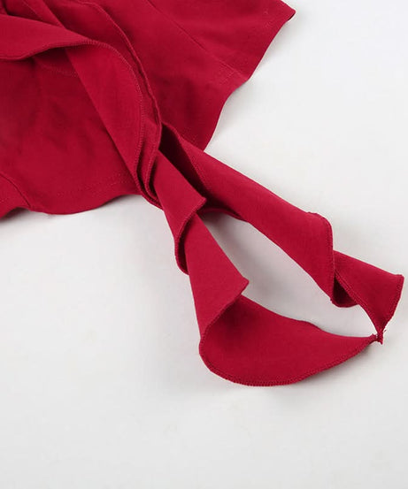 Fall Romance: Red Ruffle Crop Top with Lace V-Neck & 3D Floral Applique