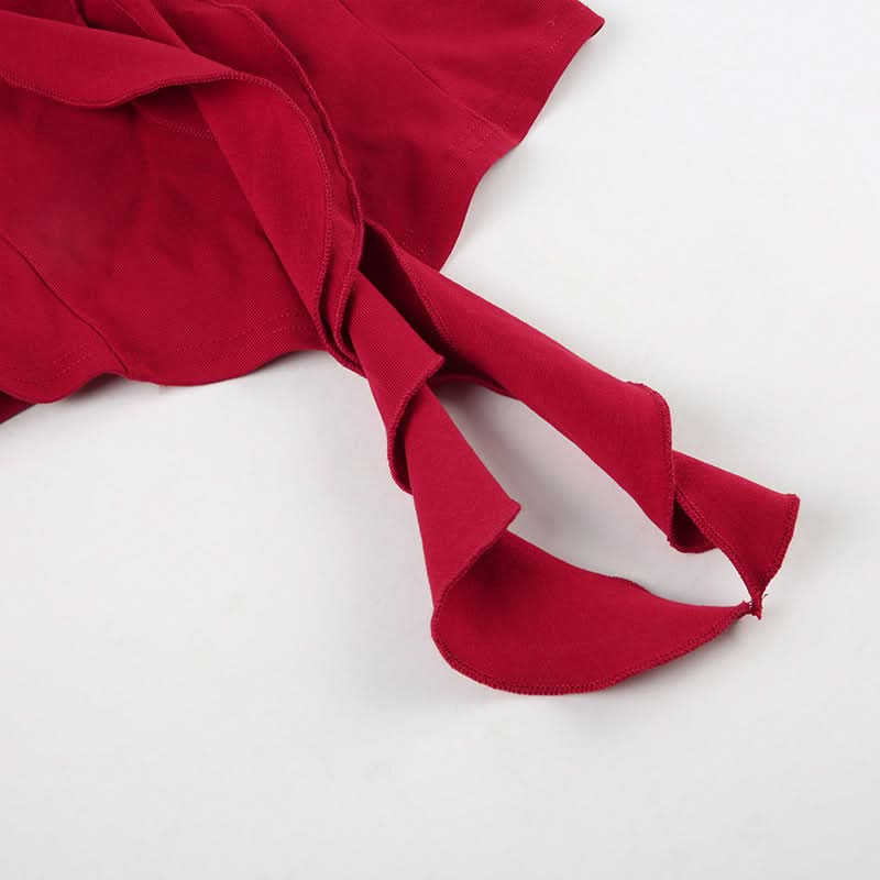 Fall Romance: Red Ruffle Crop Top with Lace V-Neck & 3D Floral Applique