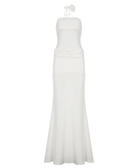 Effortless Glamour: White Ruched Halter Maxi Dress for Holiday & Evening Soirees