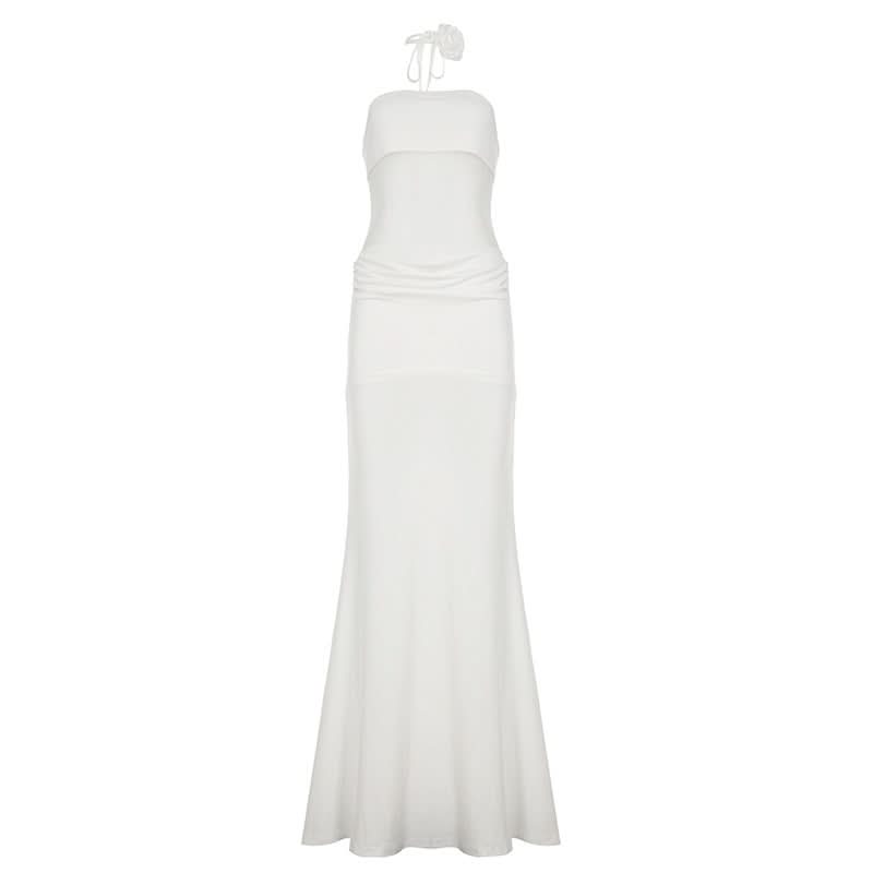 Effortless Glamour: White Ruched Halter Maxi Dress for Holiday & Evening Soirees
