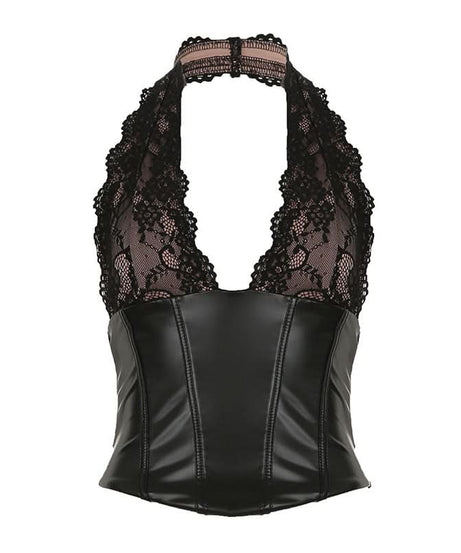 Women's Black Faux Leather & Lace Halter Corset Top - Edgy Chic for Fall & Halloween Nights