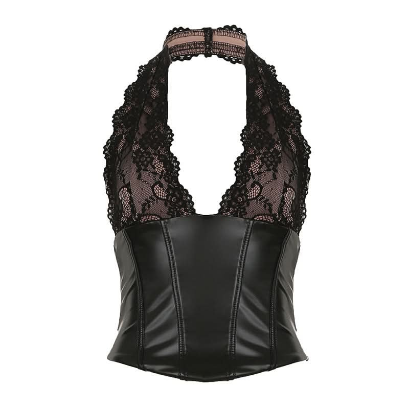 Women's Black Faux Leather & Lace Halter Corset Top - Edgy Chic for Fall & Halloween Nights