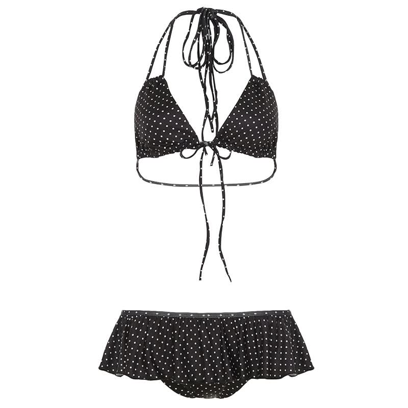 Chic Polka Dot Halter Bikini Set – Ruffle Skirt Bottoms for Your Vacation & Resort Getaway