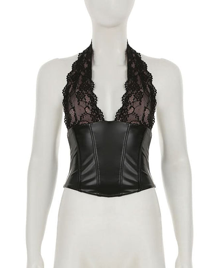 Women's Black Faux Leather & Lace Halter Corset Top - Edgy Chic for Fall & Halloween Nights