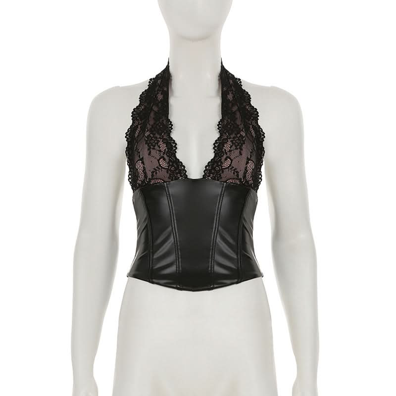 Women's Black Faux Leather & Lace Halter Corset Top - Edgy Chic for Fall & Halloween Nights