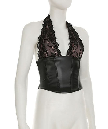 Women's Black Faux Leather & Lace Halter Corset Top - Edgy Chic for Fall & Halloween Nights