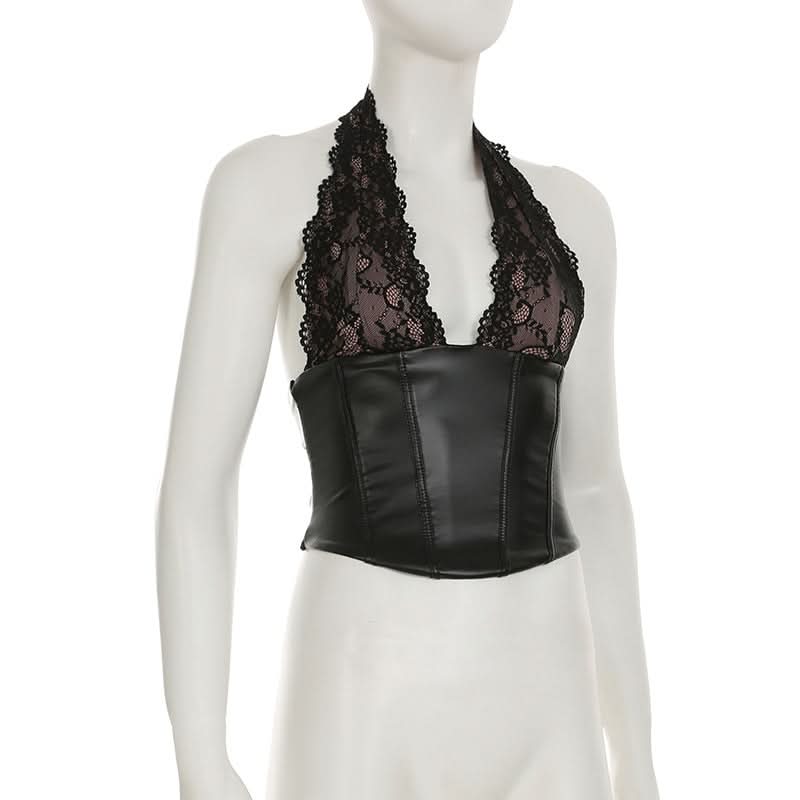 Women's Black Faux Leather & Lace Halter Corset Top - Edgy Chic for Fall & Halloween Nights