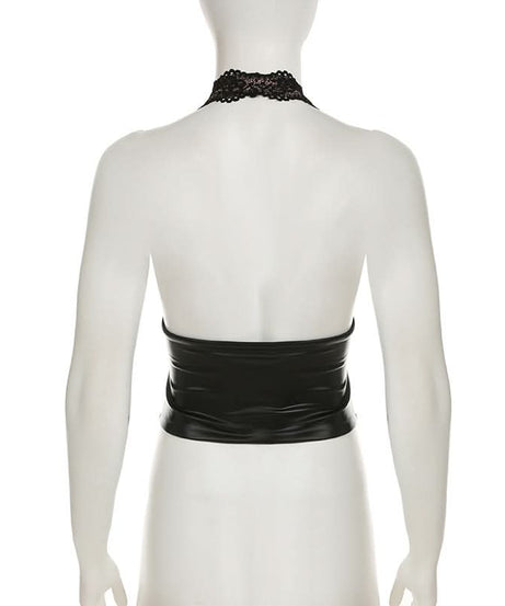 Women's Black Faux Leather & Lace Halter Corset Top - Edgy Chic for Fall & Halloween Nights