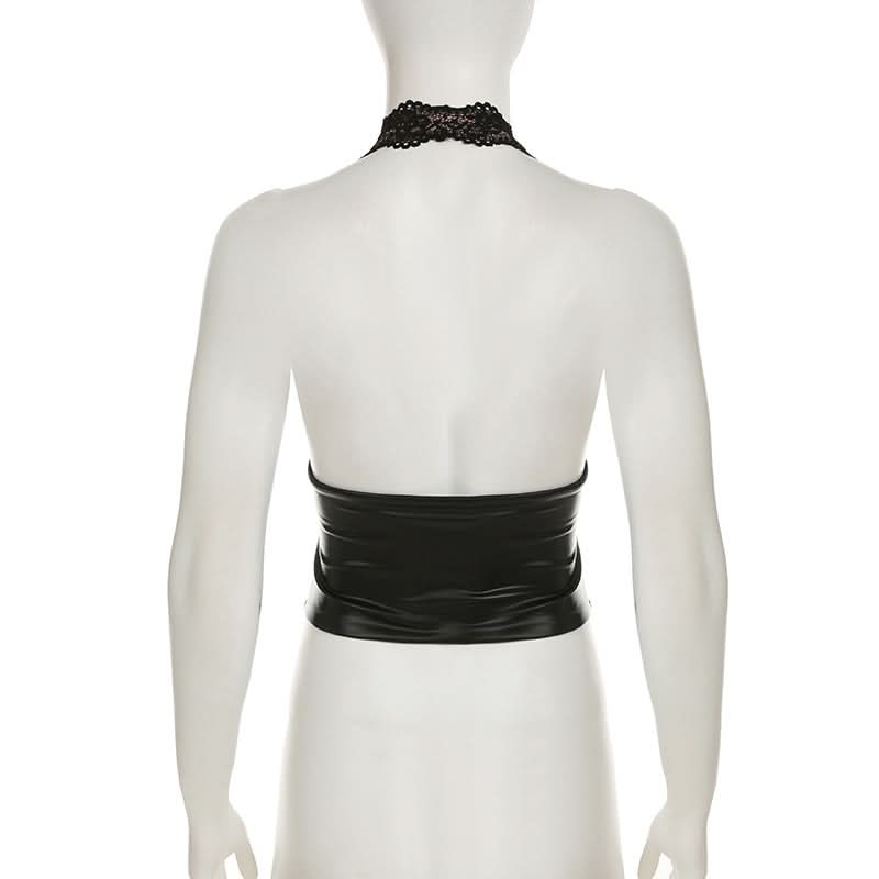 Women's Black Faux Leather & Lace Halter Corset Top - Edgy Chic for Fall & Halloween Nights