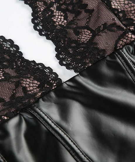 Women's Black Faux Leather & Lace Halter Corset Top - Edgy Chic for Fall & Halloween Nights