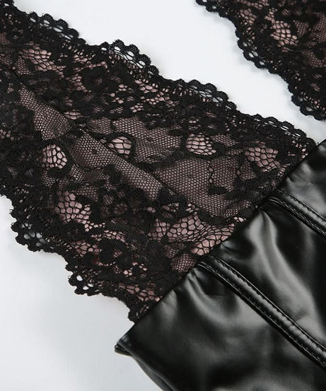 Women's Black Faux Leather & Lace Halter Corset Top - Edgy Chic for Fall & Halloween Nights