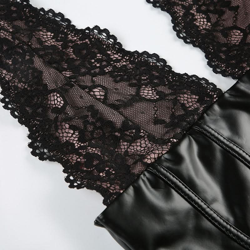 Women's Black Faux Leather & Lace Halter Corset Top - Edgy Chic for Fall & Halloween Nights