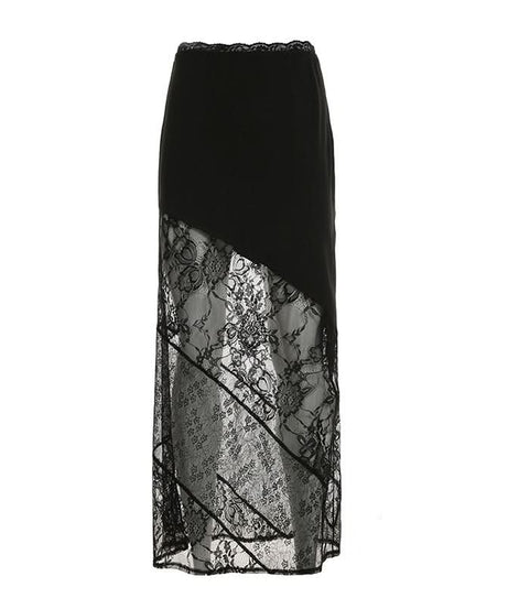 Glamour Noir Asymmetrical Sheer Lace Maxi Skirt - Fall & Holiday Party Ready