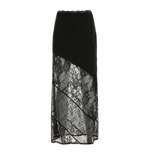 Glamour Noir Asymmetrical Sheer Lace Maxi Skirt - Fall & Holiday Party Ready