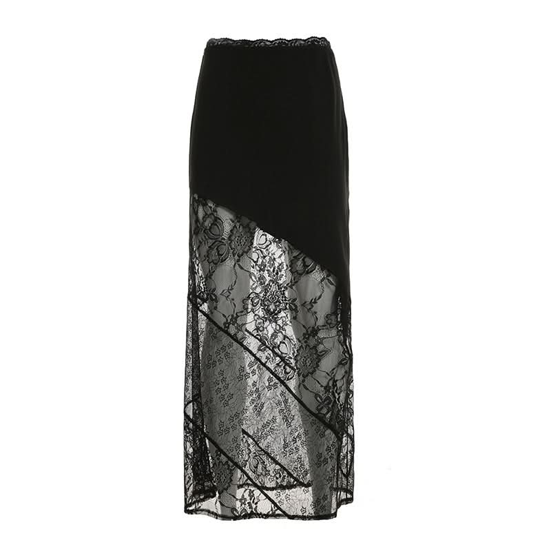 Glamour Noir Asymmetrical Sheer Lace Maxi Skirt - Fall & Holiday Party Ready