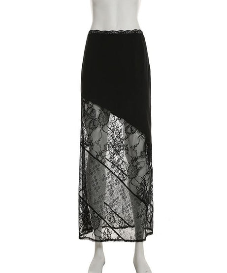 Glamour Noir Asymmetrical Sheer Lace Maxi Skirt - Fall & Holiday Party Ready