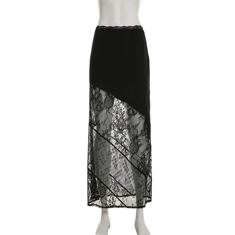 Glamour Noir Asymmetrical Sheer Lace Maxi Skirt - Fall & Holiday Party Ready