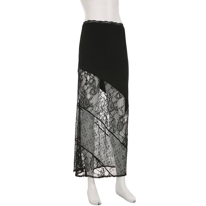 Glamour Noir Asymmetrical Sheer Lace Maxi Skirt - Fall & Holiday Party Ready