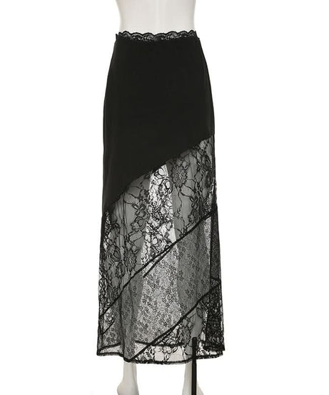Glamour Noir Asymmetrical Sheer Lace Maxi Skirt - Fall & Holiday Party Ready