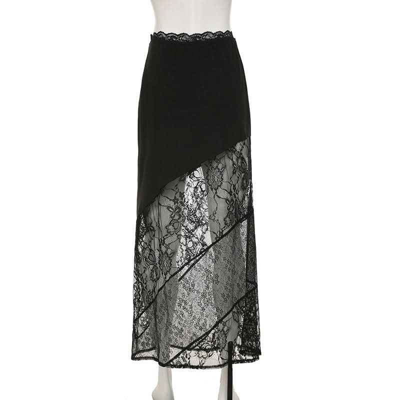 Glamour Noir Asymmetrical Sheer Lace Maxi Skirt - Fall & Holiday Party Ready