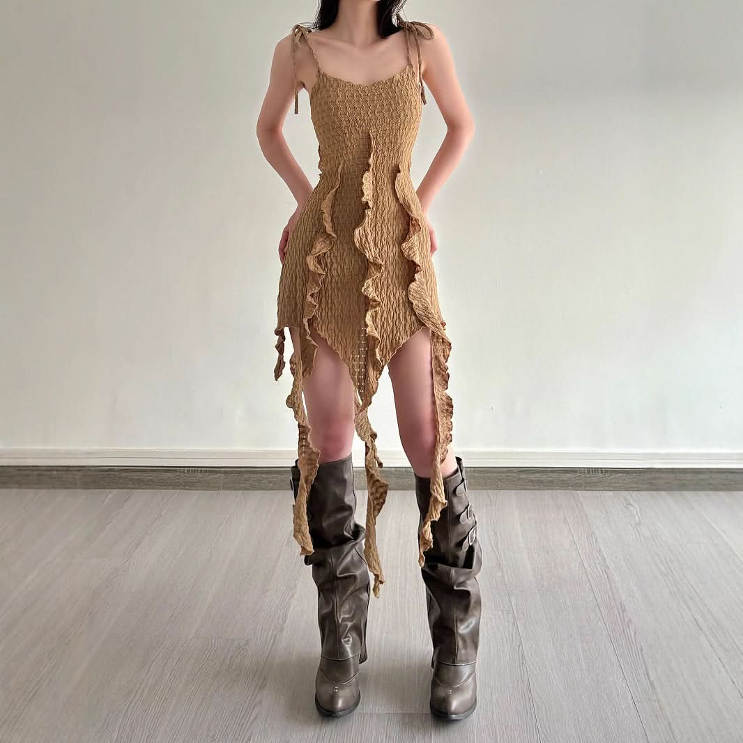 Whimsical Textured Ruffle Mini Dress - Fall Boho Fairycore Chic