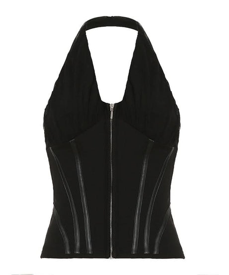 Sultry Black Halter Corset Top | Zip-Up Mesh & Faux Leather Detail | Fall & Holiday Night Out Essential