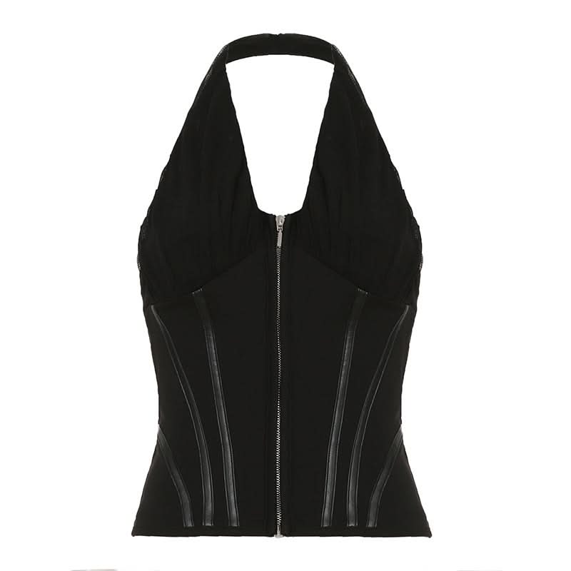 Sultry Black Halter Corset Top | Zip-Up Mesh & Faux Leather Detail | Fall & Holiday Night Out Essential