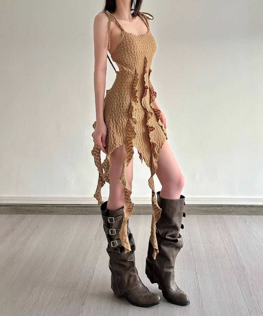 Whimsical Textured Ruffle Mini Dress - Fall Boho Fairycore Chic