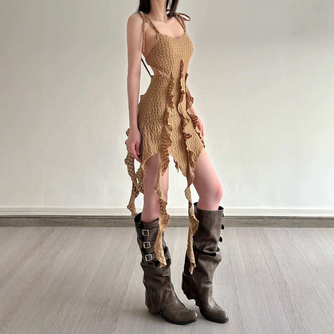 Whimsical Textured Ruffle Mini Dress - Fall Boho Fairycore Chic