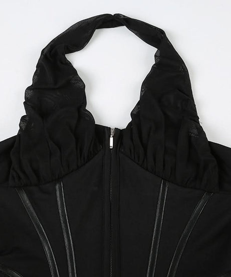 Sultry Black Halter Corset Top | Zip-Up Mesh & Faux Leather Detail | Fall & Holiday Night Out Essential
