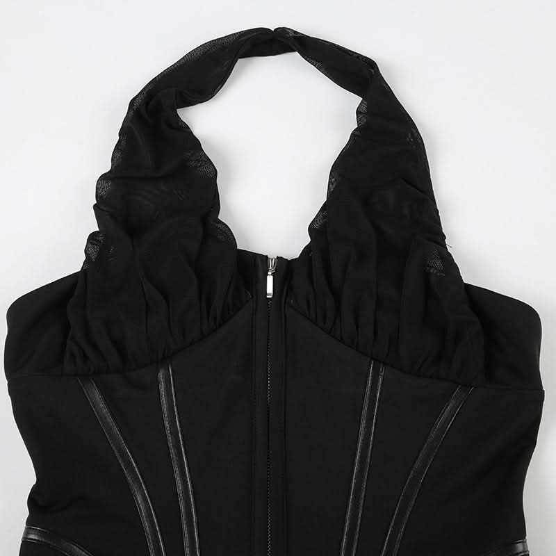 Sultry Black Halter Corset Top | Zip-Up Mesh & Faux Leather Detail | Fall & Holiday Night Out Essential