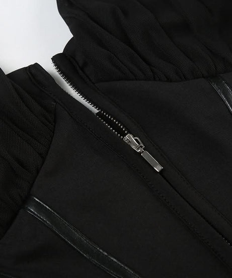 Sultry Black Halter Corset Top | Zip-Up Mesh & Faux Leather Detail | Fall & Holiday Night Out Essential