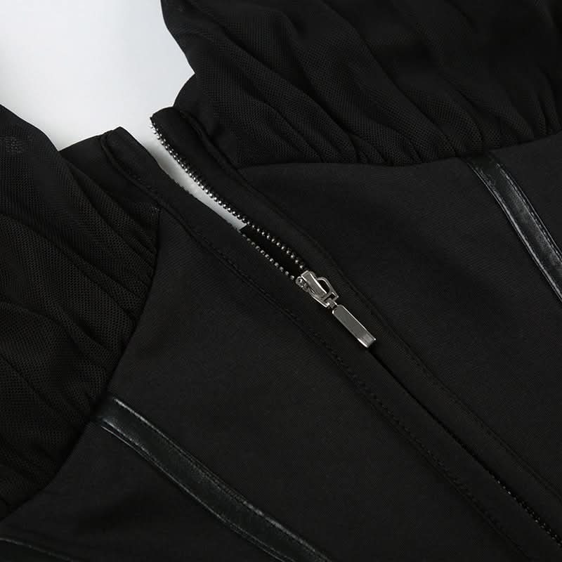 Sultry Black Halter Corset Top | Zip-Up Mesh & Faux Leather Detail | Fall & Holiday Night Out Essential