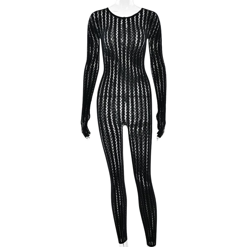 Sultry Black Sheer Knit Jumpsuit with Integrated Gloves | Halloween & Fall Party Ready