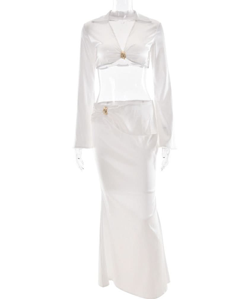 Luxurious White Satin Draped Maxi Skirt & Crop Top Set - Your Fall & Holiday Event Glam