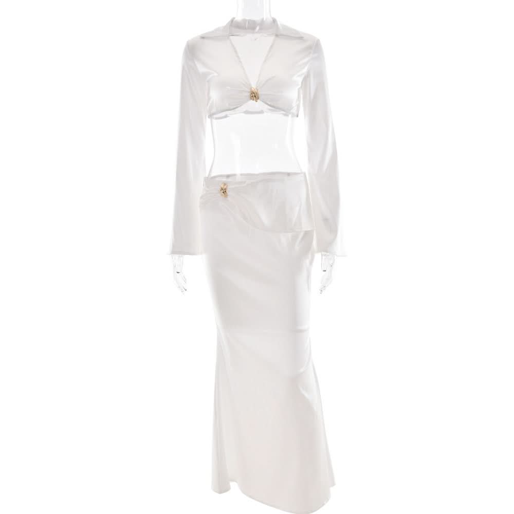 Luxurious White Satin Draped Maxi Skirt & Crop Top Set - Your Fall & Holiday Event Glam