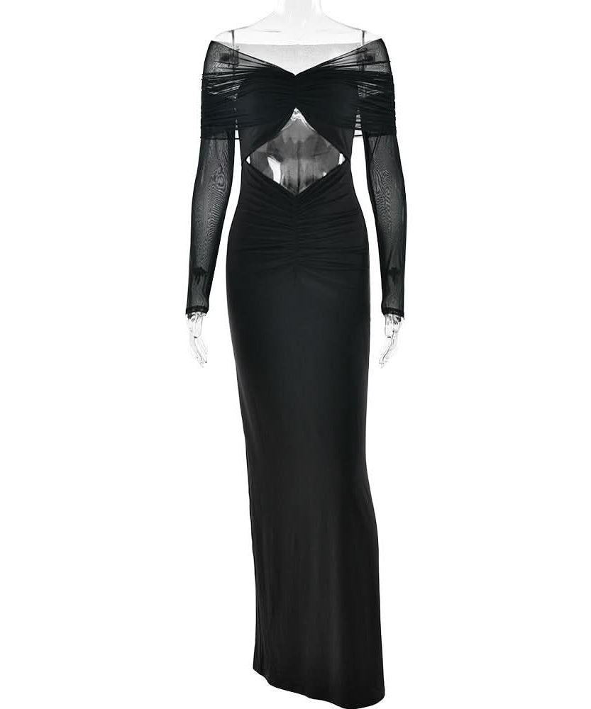 Sultry Black Sheer Mesh Sleeve Maxi Dress with Hooded Drape & Cutouts - Fall Party & Event Ready