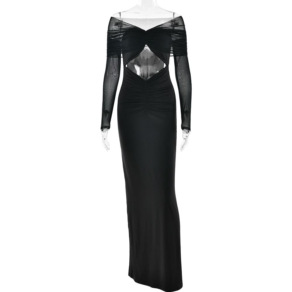 Sultry Black Sheer Mesh Sleeve Maxi Dress with Hooded Drape & Cutouts - Fall Party & Event Ready