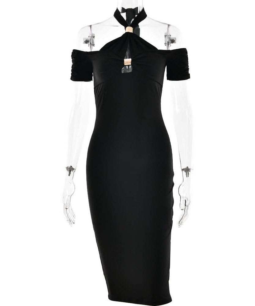 Sculpted Chic: Black Halter Cold Shoulder Cutout Midi Dress for Fall & Holiday Parties