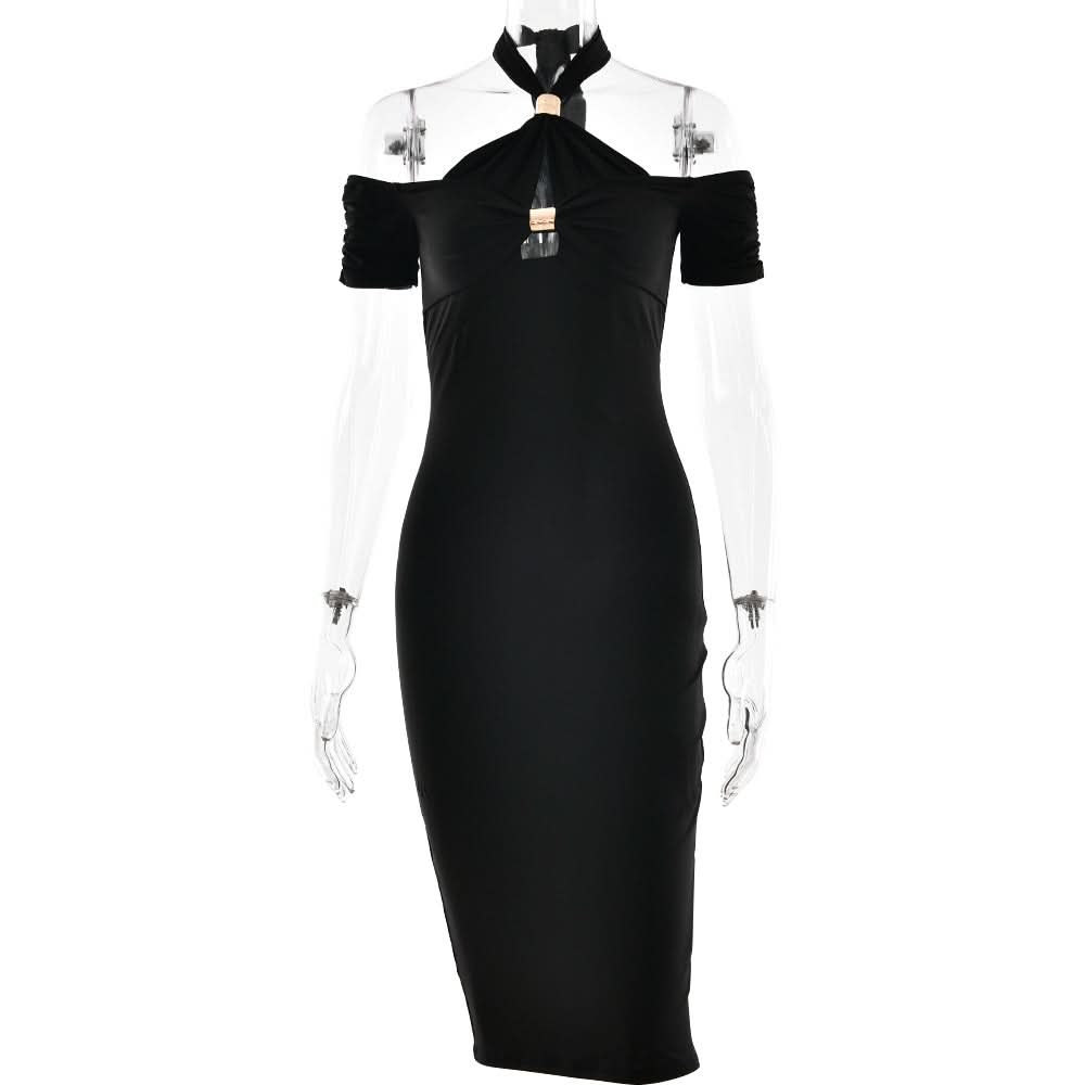 Sculpted Chic: Black Halter Cold Shoulder Cutout Midi Dress for Fall & Holiday Parties