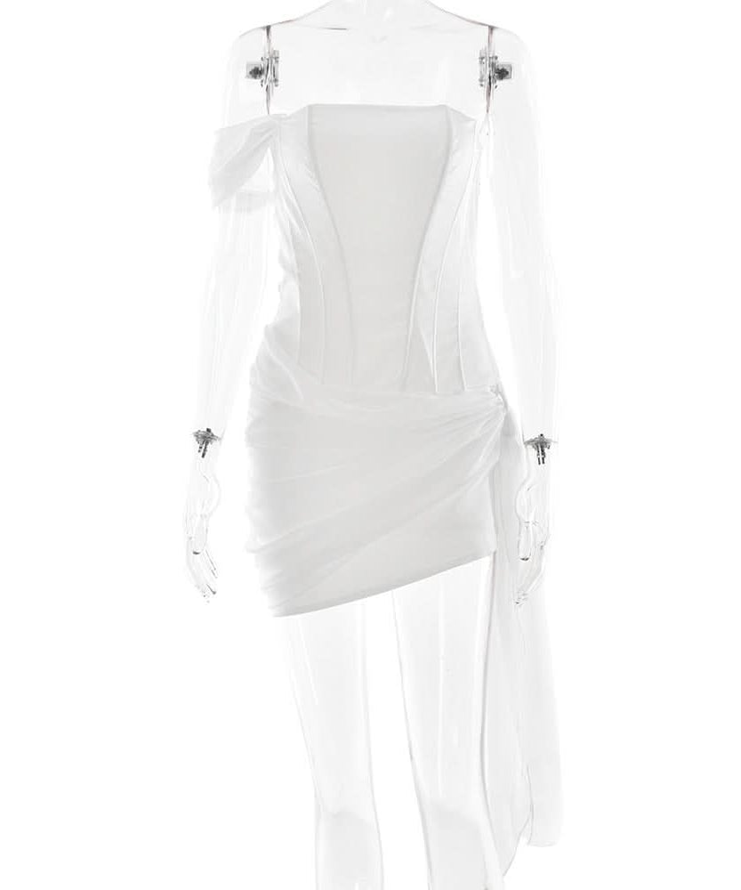 Chic White Asymmetrical Ruched Mini Dress with Draped Sash - Perfect for Holiday Parties & NYE