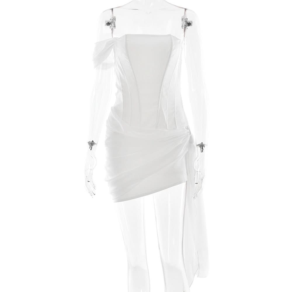 Chic White Asymmetrical Ruched Mini Dress with Draped Sash - Perfect for Holiday Parties & NYE