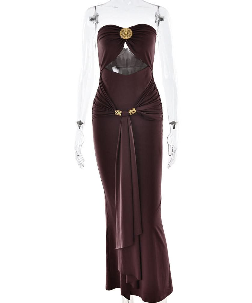 Glamorous Bronze Ruched Cut-Out Maxi Dress - Elegant Gold Medallion & Draped Slit | Fall & Holiday Event Ready