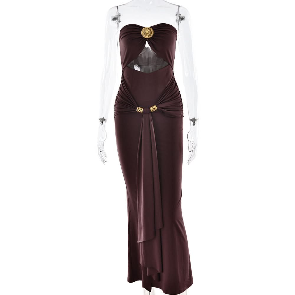Glamorous Bronze Ruched Cut-Out Maxi Dress - Elegant Gold Medallion & Draped Slit | Fall & Holiday Event Ready