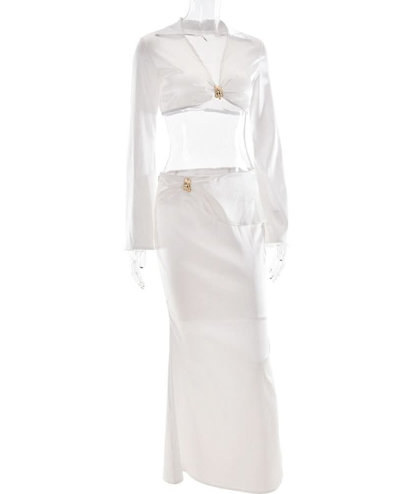 Luxurious White Satin Draped Maxi Skirt & Crop Top Set - Your Fall & Holiday Event Glam