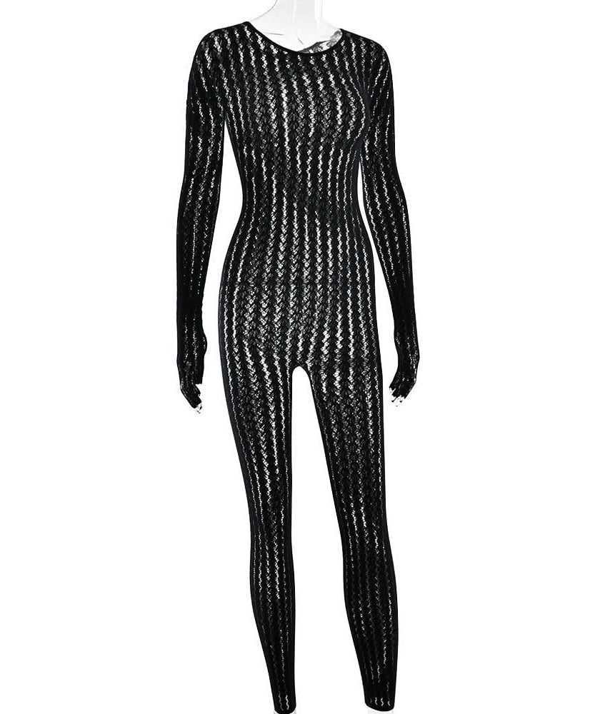 Sultry Black Sheer Knit Jumpsuit with Integrated Gloves | Halloween & Fall Party Ready