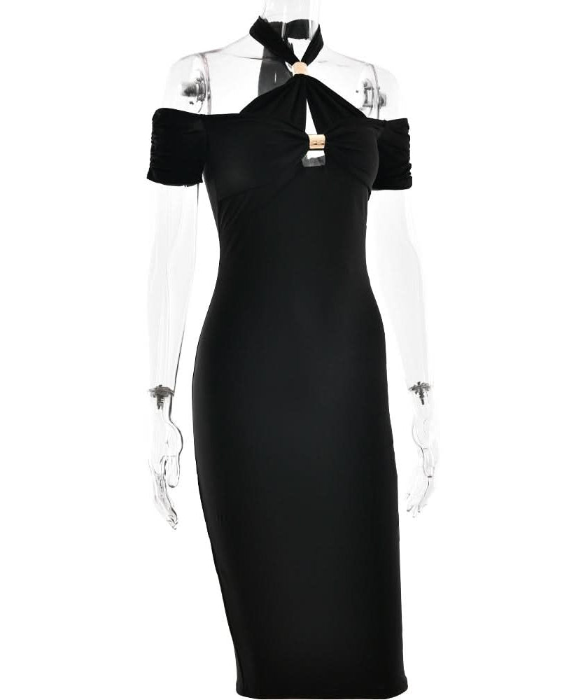 Sculpted Chic: Black Halter Cold Shoulder Cutout Midi Dress for Fall & Holiday Parties